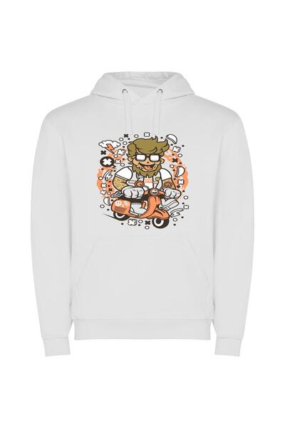 iLovePrints Scooter Ride: Cartoon Vector Φούτερ με κουκούλα σε χρώμα Λευκό
