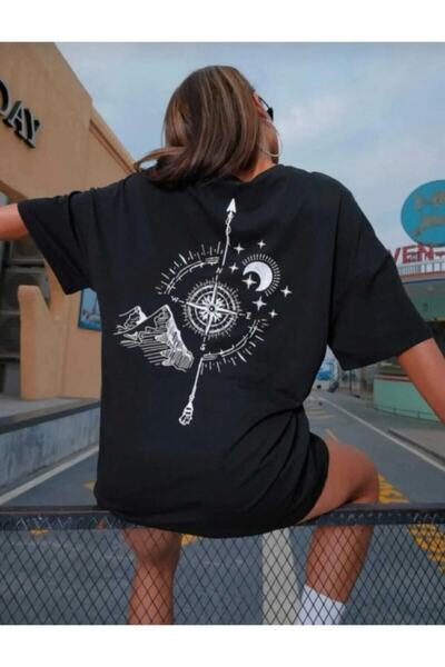 LUNEVIA FASHION Unisex Μπλουζάκι Boyfriend Oversize με Λεπτομερή Σχέδιο Πυξίδας