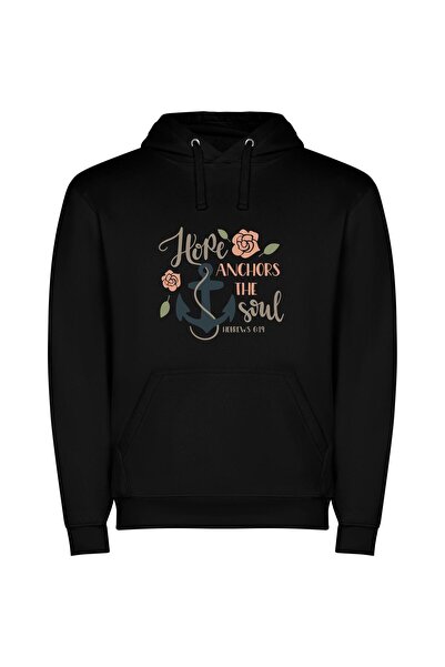 iLovePrints Hopeful Roses: Anchored Happiness Φούτερ με κουκούλα σε χρώμα Μαύρο