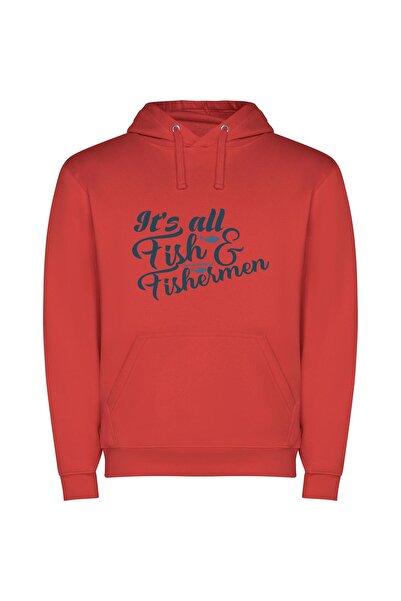 iLovePrints Fishing Enclave: Aquatic Harmony Φούτερ με κουκούλα σε χρώμα Κόκκινο
