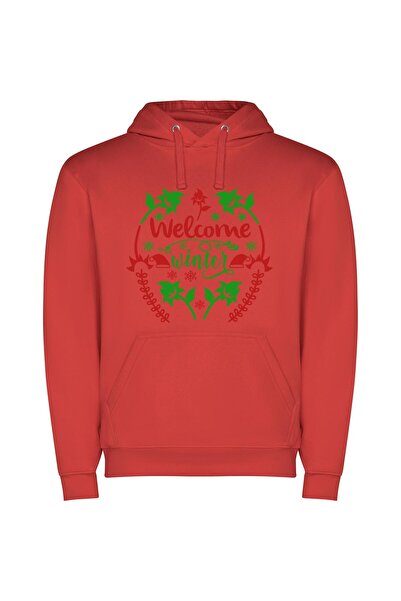 iLovePrints Vibrant Winter Welcome Φούτερ με κουκούλα σε χρώμα Κόκκινο