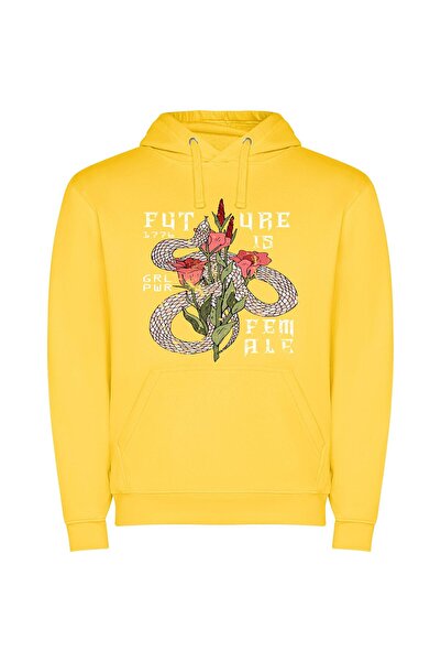 iLovePrints Floralpunk Silk Screen Art Φούτερ με κουκούλα σε χρώμα Κίτρινο