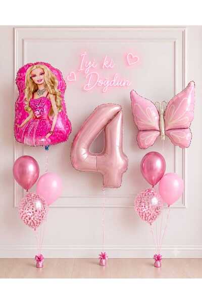 ALYA PARTİ Barbie & kelebekve 4 yaş rakam folyo balonlu doğum günü seti