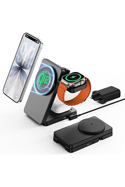 GEEKERA 3 in 1 Wireless Charging Station, Foldable Magnetic Wireless Charger ...