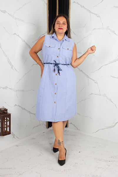 Truva XXL Plus Size Denim Vest Dress Belted Buttoned Pocketed Jean Dress Blue