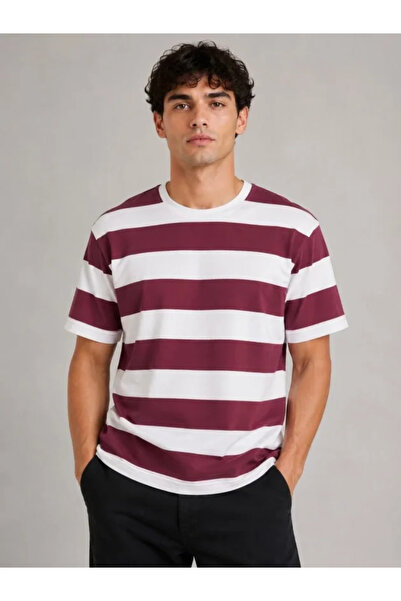 MODA ŞEHRİ Men's Striped Oversize T-Shirt Crew Neck Short Sleeve Summer T-Shi...