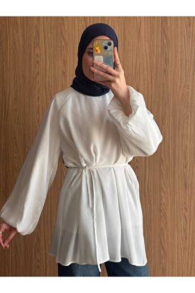QUWİQ Women's Crew Neck Balloon Sleeve Waist Tie Hijab Tunic