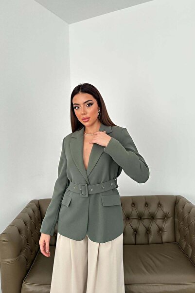Moda Days Women's Khaki Jacket with Collar, Flap Pockets, Buckle Belt, Long S...