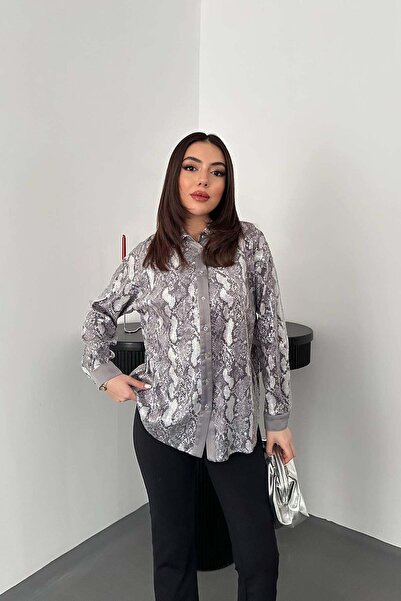 Moda Days Women's Gray Shirt Snake Patterned Sequined Long Sleeve Buttoned Re...