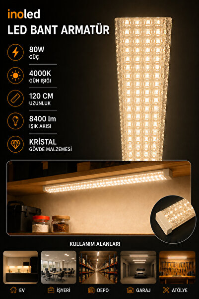 Masfitech inoled 80W LED Bant Armatür 120 cm Kristal Kasa 8400 lm 4000K Gün I...
