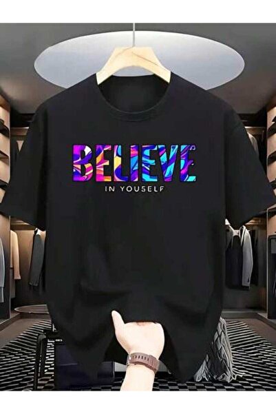 LİNA06 تي شيرت أبيض بطبعة "Believe In Yourself" تحفيزية بتأثير قوس قزح متغير ...
