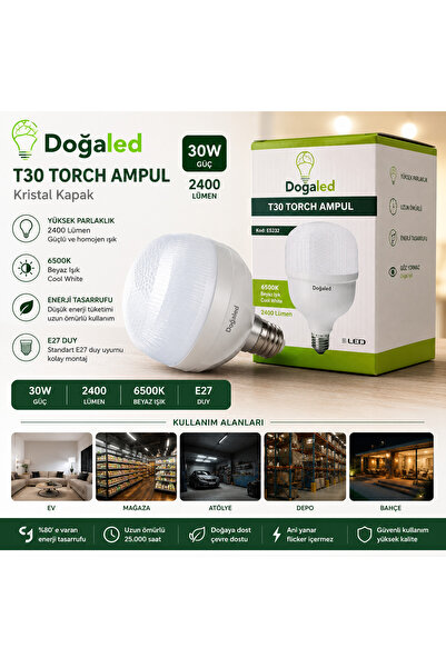 30W T30 Torch LED Ampul 2400 Lümen - Kristal Kapak 6500K Beyaz Işık E27 Duy Yüksek Parlaklık Tasarruflu Ampul (Kod: ES232) 1 ADET