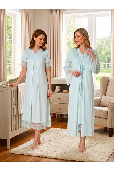 Lohusa Homewear New Season Turquoise Stylish Lace Detailed Design with Easy B...