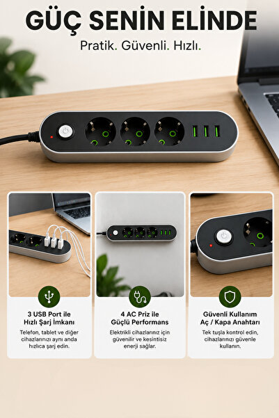 Arfseb Akım Korumalı 3'lü Grup Priz 3 USB Şarj Girişli Anahtarlı 2500W 2 Metre Uzatma Kablosu
