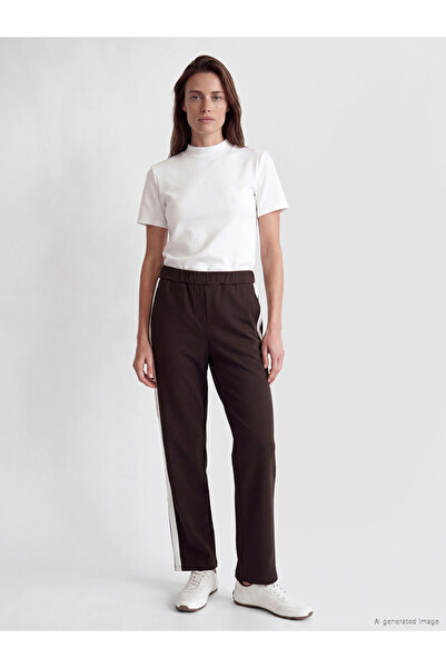 LC Waikiki Brown Women's Trousers with Elastic Waist and Stripe Detail