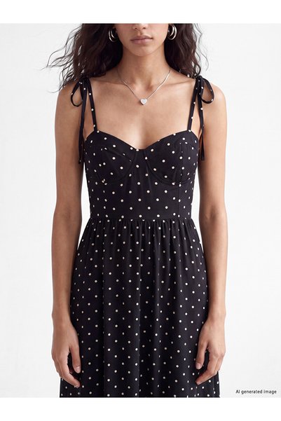 LC Waikiki Black Heart Collar Rope Strap Polka Dot Dress