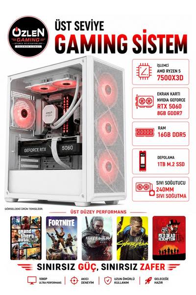 ÖZLEN X48 RYZEN 5 7500X3D RTX 5060 8GB 16GB DDR5 RAM 1TB M.2 SSD Üst Seviye B...