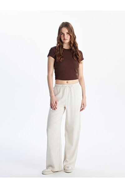 LC Waikiki Beige Elastic Waist Linen Blend Women's Trousers