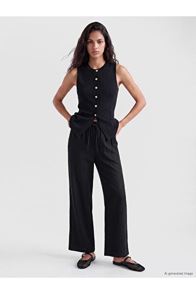 LC Waikiki Black Women's Linen Blend Trousers with Elastic Waist