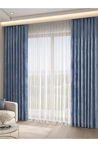 suzaneli Soft Kumaş Indigo Mavisi Fon Perde 1/3 Pile