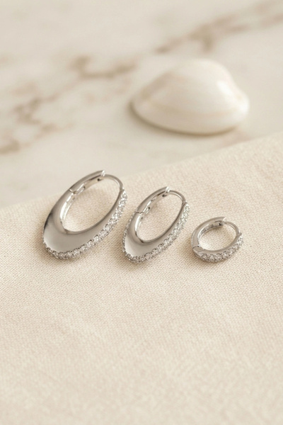 ARMÜZ Silver Color Oval Hoop Model Zircon Stone 3-Piece Earring Set
