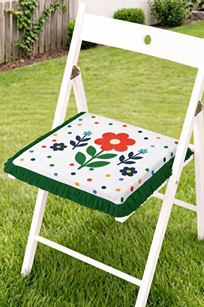 Realhomes Fringed Zippered Chair Cushion with Floral Motifs and Colorful Polk...