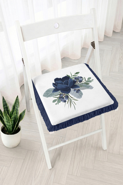 Realhomes Navy Blue Floral and Leaf Patterned Fringed Zippered Chair Cushion ...