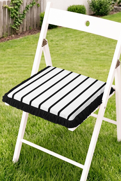Realhomes Black and White Striped Modern Patterned Fringed Zippered Chair Cus...