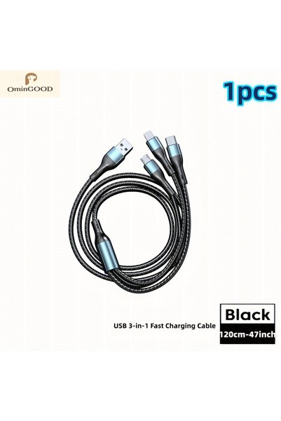 choice2 كابل شحن سريع مجدول 3 في 1 بطول 1.2 متر، 120 واط، 6 أمبير، يدعم USB C...