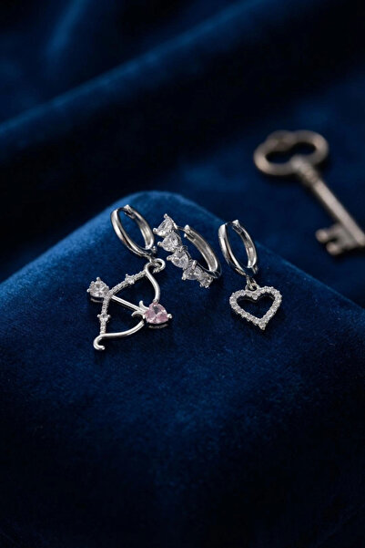 ARMÜZ Set of 3 Earrings Silver Color with Eros Bow Detail