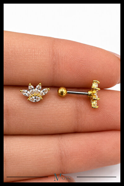 MAZEN Lotus Çiçeği Tragus Piercing Çelik Gold Renk Estetik Zirkon Taşlı