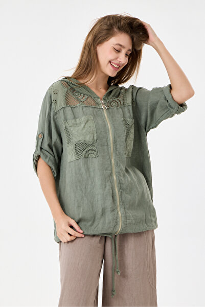 della moor Women's Khaki Italian 100% Linen Mesh Hooded Zippered Linen Jacket...