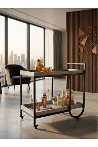 BEC22 Modern Rove Wooden Trolley with Metal Legs and Movable Wheels