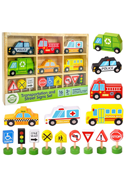 woopie Set de vehicule din lemn VERDE și indicatoare rutiere