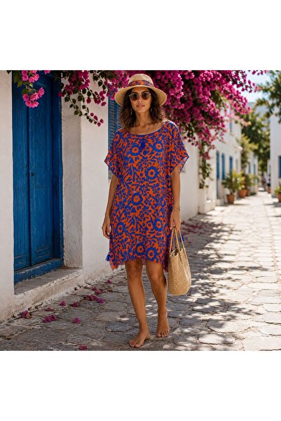 BIJUTERI Par-13056 Orange Blue Floral Patterned Beach Dress & Pareo |   Eos C...