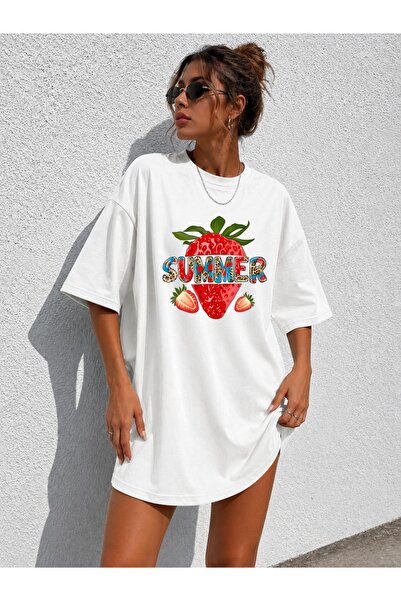classy moda Γυναικείο μπλουζάκι με στάμπα φράουλας, oversized, εξαιρετικά μακ...