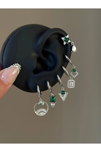 h&b design jewel Steel Silver Green Eye Detail 6-Piece Earring Set