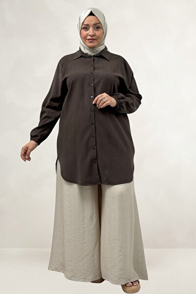 Eslina 68067 Plus Size Cupra Shirt with Elastic Sleeves - Brown
