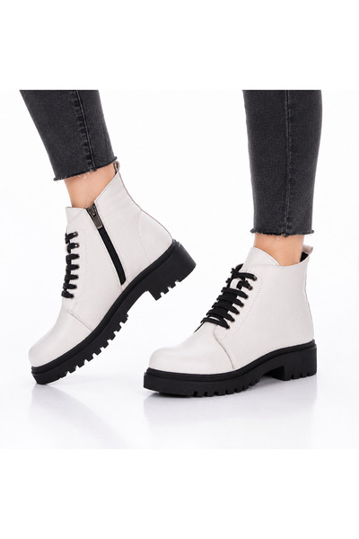 ERN SHOES حذاء نسائي من الجلد الطبيعي باللون البيج مبطن دافئ مع أربطة وسحابات