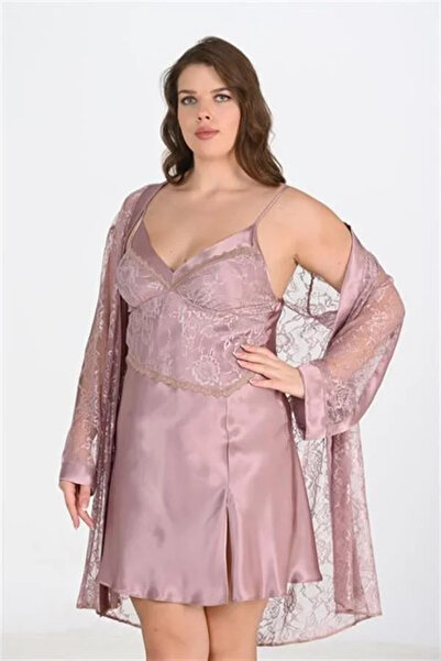 SS HOME CONCEPT Premium Plus Size Satin Lace Embroidered Mink 2-Piece Nightgo...