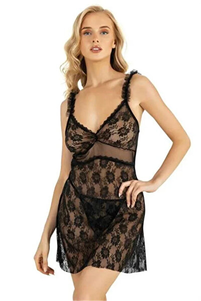 SS HOME CONCEPT Lace Embroidered Black Short Tulle Nightgown