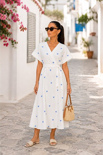 spirituel Women's Dress Long Patterned Short Sleeve Belted Double Breasted Co...