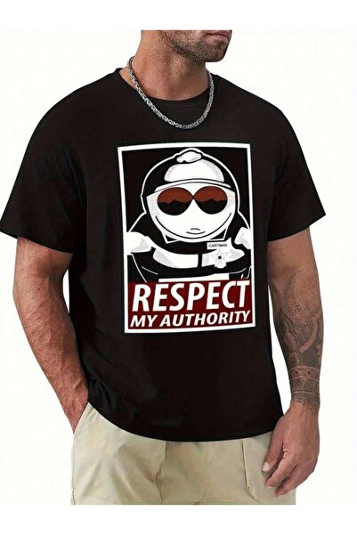 4Car تي شيرت رجالي بتصميم كرتوني 'Respect My Authority' - أسود من الأسفل وأحم...