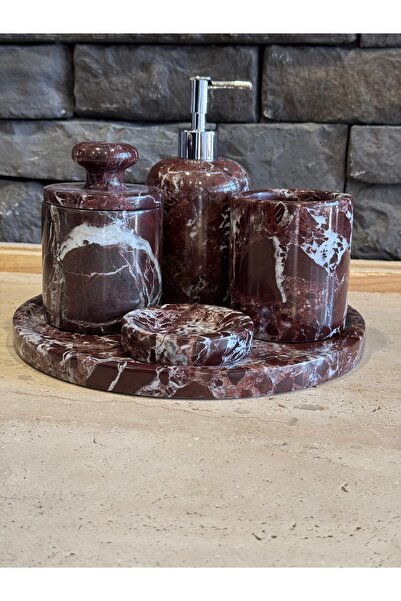 Polen Stone طقم حمام فاخر من 5 قطع من رخام الكرز الطبيعي - طقم إكسسوارات حمام...