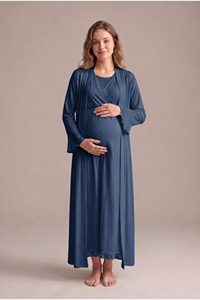LOHOUSE Women's Navy Blue Double-Breasted Collar Maternity Nightgown Set with...