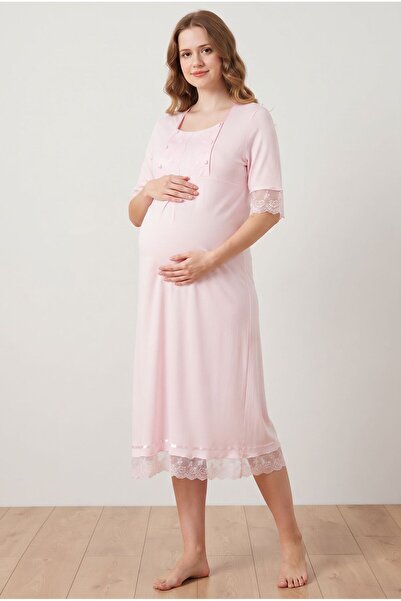 Pelin Women's Powder Lace Buttoned Maternity Nightgown with Breastfeeding Detail