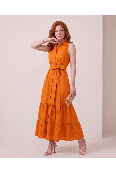Valeria Butik Women's Sleeveless Belted Buttoned Long Shirt Dress