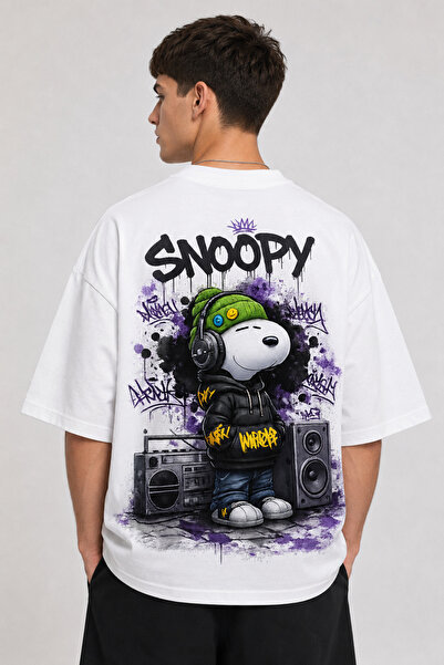 Vanteon Snoopy Graffiti Baskılı Unisex Beyaz Oversize %100 Pamuk T-Shirt