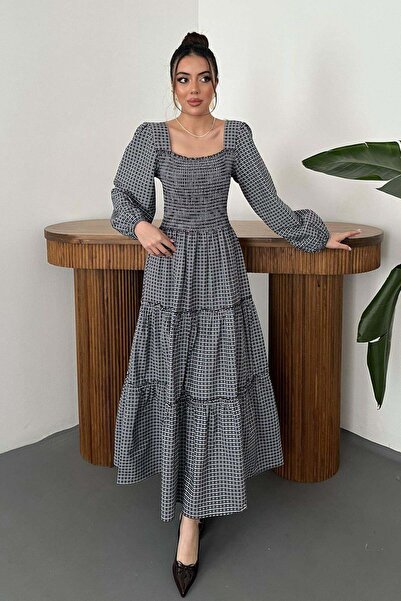 Clothes Fast فستان طويل نسائي بني منقوش بياقة مربعة وأكمام بالون وتنورة متعدد...