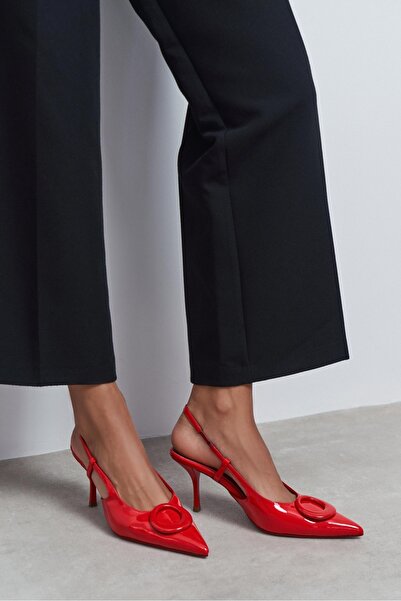 NİŞANTAŞI SHOES Nereid Red Patent Leather Pointed Toe Open Back Thin Heeled W...